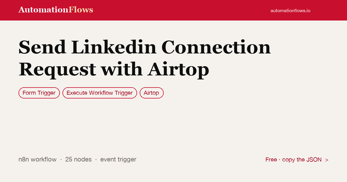 Send Linkedin Connection Request with Airtop — n8n workflow card showing Form Trigger, Execute Workflow Trigger, Airtop integration