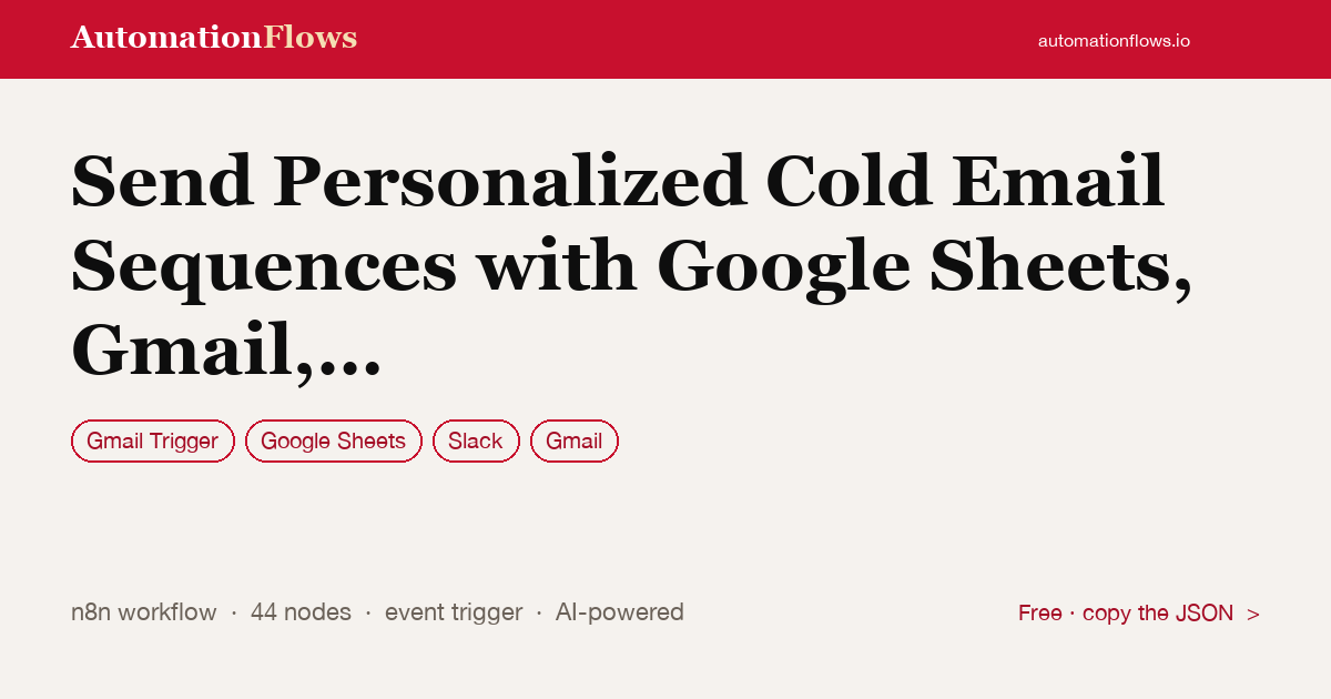 Send Personalized Cold Email Sequences with Google Sheets, Gmail, Gemini and… — n8n workflow card showing Gmail Trigger, Google Sheets, Slack integration
