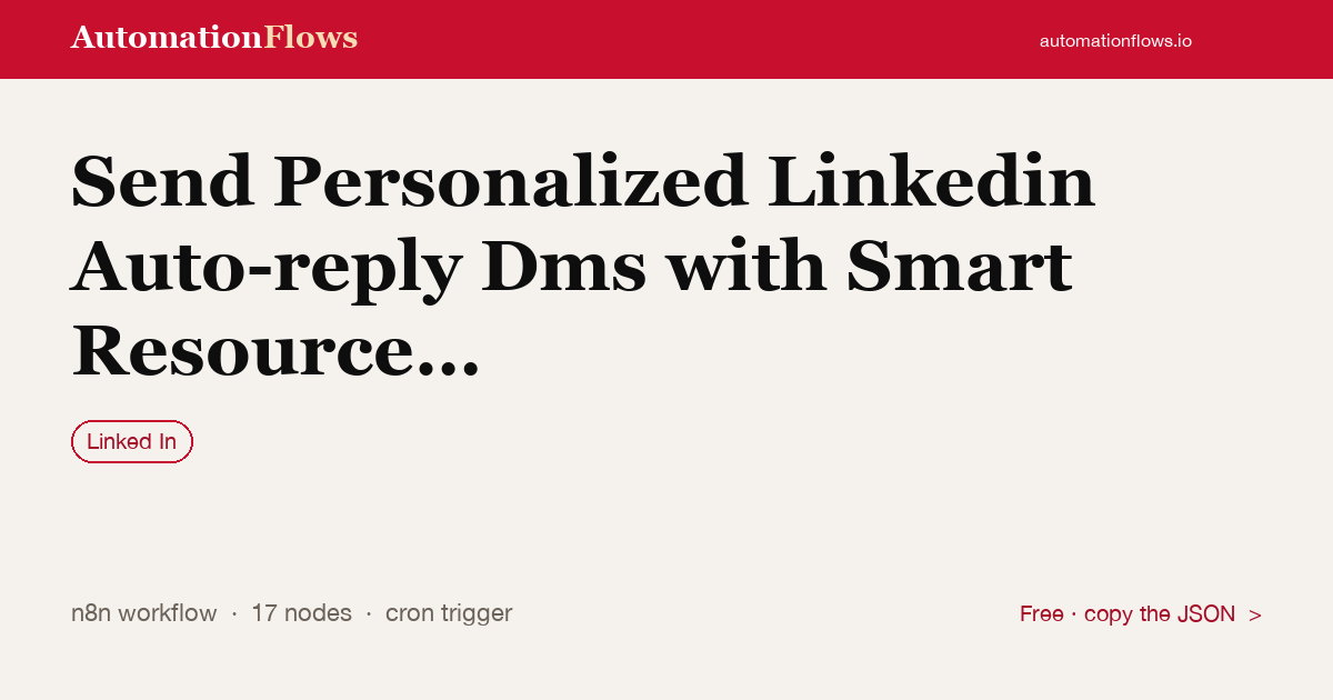 LinkedIn Auto-Reply DMs with Smart Resource Matching — n8n workflow card showing LinkedIn integration
