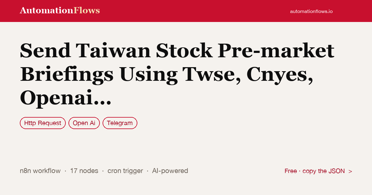 Send Taiwan Stock Pre-market Briefings Using Twse, Cnyes, Openai and Telegram — n8n workflow card showing HTTP Request, OpenAI, Telegram integration