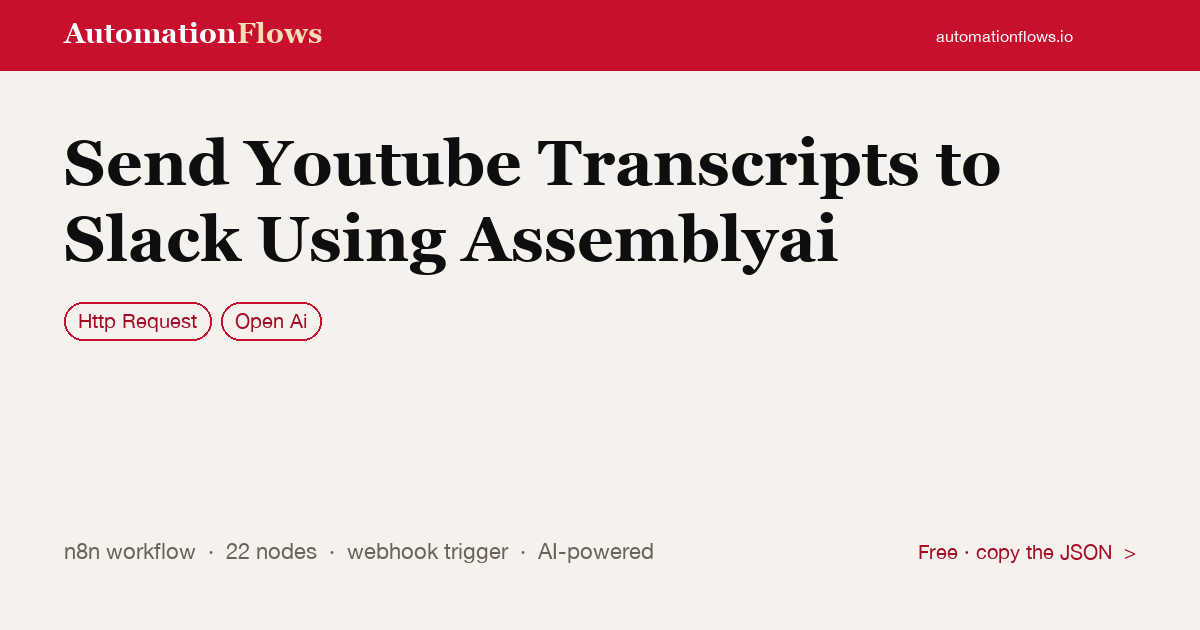 Send Youtube Transcripts to Slack Using Assemblyai — n8n workflow card showing HTTP Request, OpenAI integration