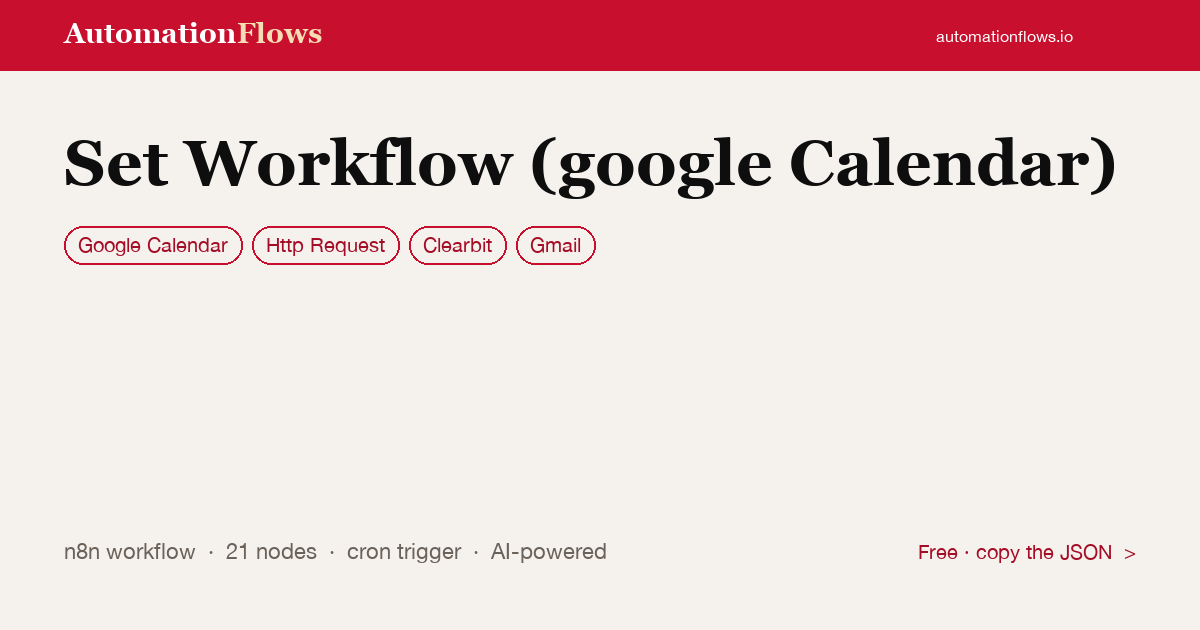Set Workflow (google Calendar) — n8n workflow card showing Google Calendar, HTTP Request, Clearbit integration