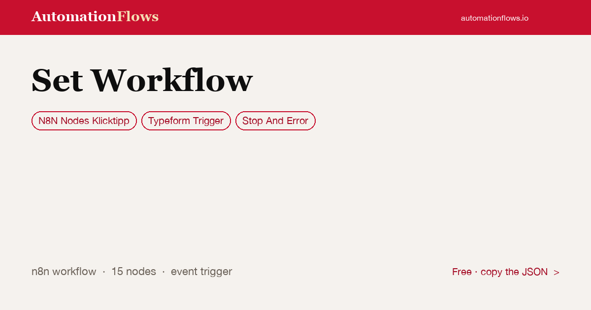 Typeform Quiz to KlickTipp Tags — n8n workflow card showing N8N Nodes Klicktipp, Typeform Trigger, Stop And Error integration