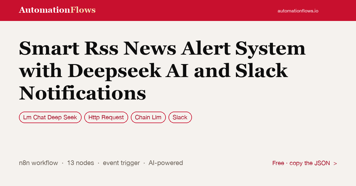 Smart RSS News Alert System with Deepseek AI and Slack Notifications — n8n workflow card showing Lm Chat Deep Seek, HTTP Request, Chain Llm integration