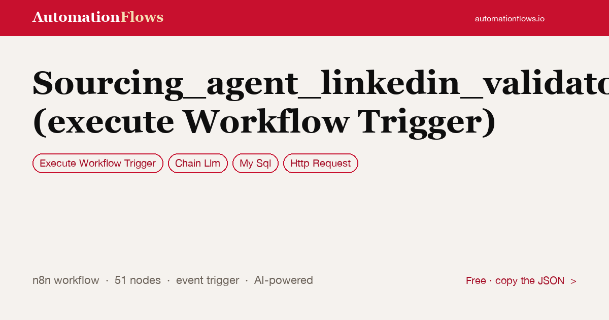 Sourcing_agent_linkedin_validator_production (execute Workflow Trigger) — n8n workflow card showing Execute Workflow Trigger, Chain Llm, MySQL integration
