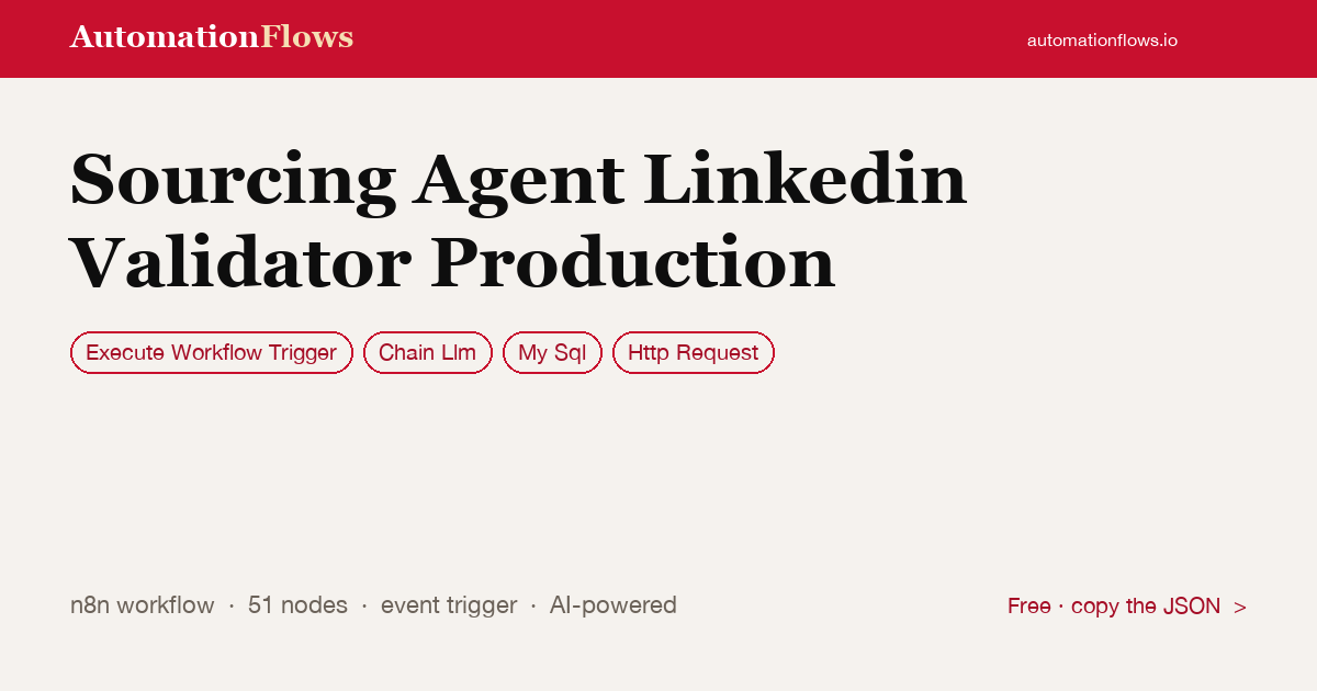 Sourcing Agent Linkedin Validator Production — n8n workflow card showing Execute Workflow Trigger, Chain Llm, MySQL integration