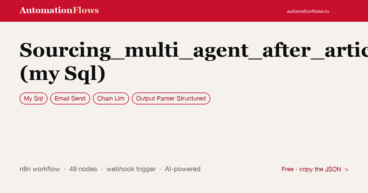 Sourcing_multi_agent_after_articles_discovery_pipeline (my Sql) — n8n workflow card showing MySQL, Email Send, Chain Llm integration