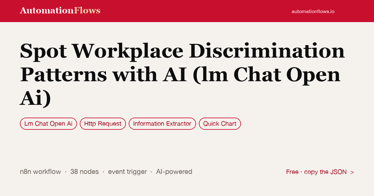 Spot Workplace Discrimination Patterns with AI — n8n workflow card showing OpenAI Chat, HTTP Request, Information Extractor integration