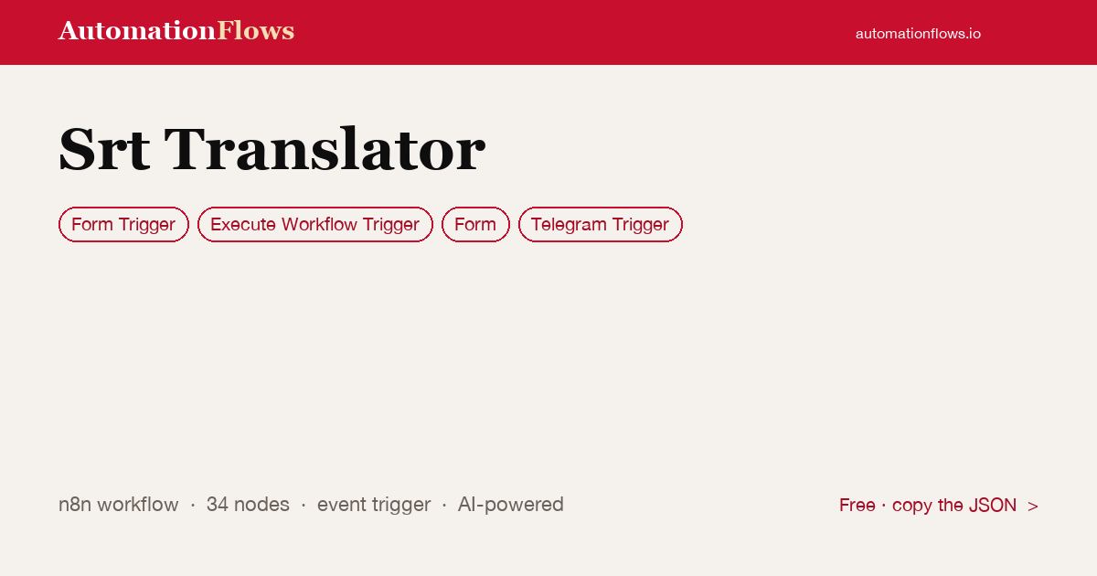 Srt Translator — n8n workflow card showing Form Trigger, Execute Workflow Trigger, Form integration