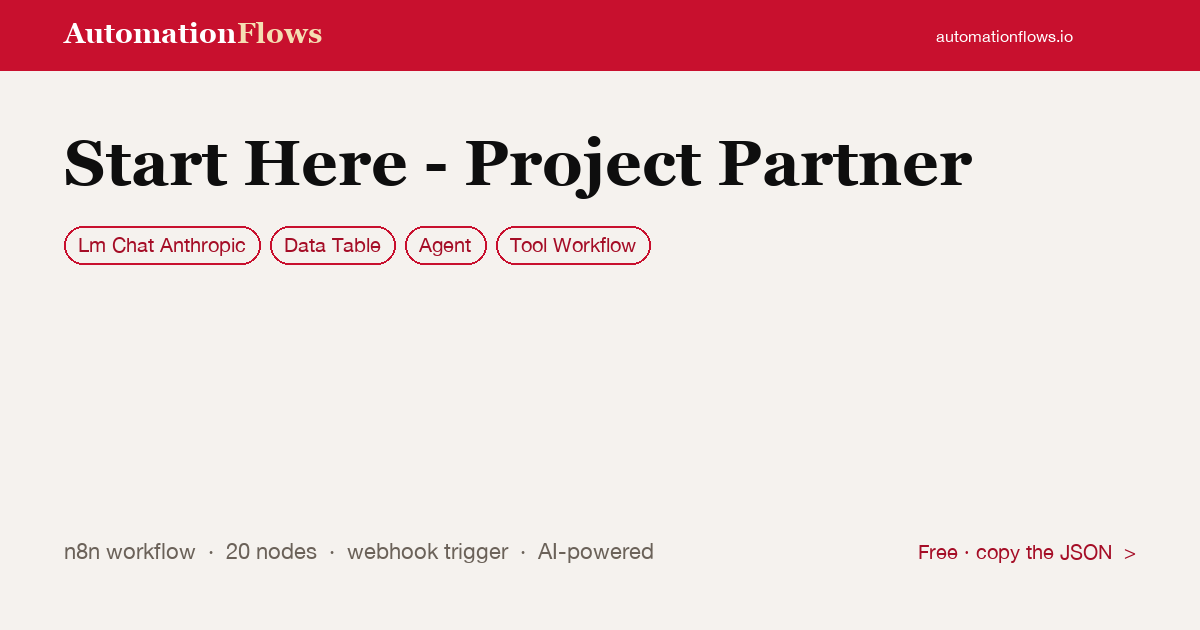 Start Here - Project Partner — n8n workflow card showing Anthropic Chat, Data Table, Agent integration