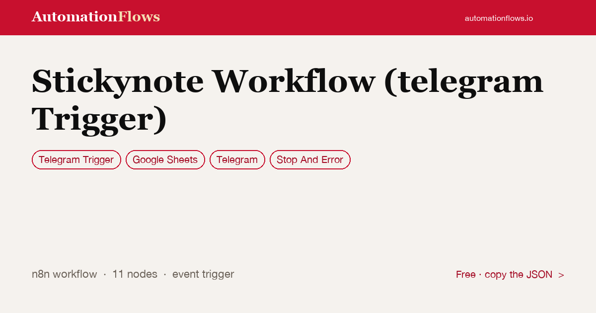 Telegram Sticky Note Vocabulary Workflow — n8n workflow card showing Telegram Trigger, Google Sheets, Telegram integration