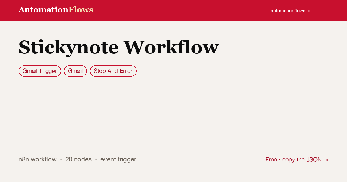 Sticky Note Gmail Trigger Workflow — n8n workflow card showing Gmail Trigger, Gmail, Stop And Error integration