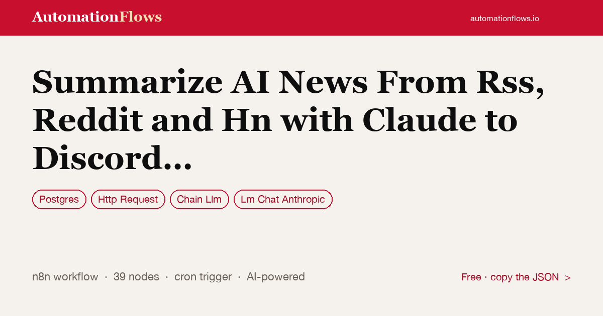 Summarize AI News From Rss, Reddit and Hn with Claude to Discord and Slack — n8n workflow card showing Postgres, HTTP Request, Chain Llm integration