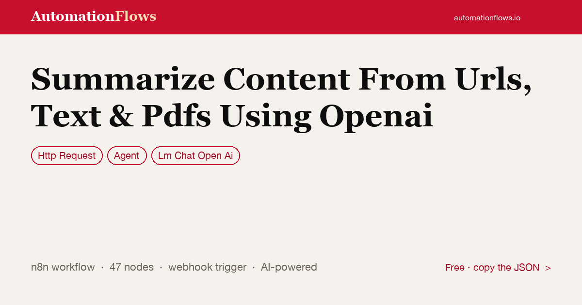 Summarize URLs, Text & PDFs with OpenAI — n8n workflow card showing HTTP Request, Agent, OpenAI Chat integration
