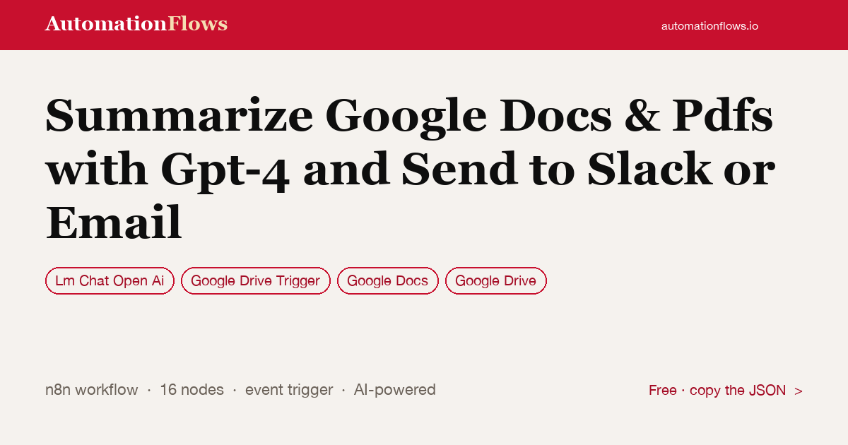 Summarize Google Docs & Pdfs with Gpt-4 and Send to Slack or Email — n8n workflow card showing OpenAI Chat, Google Drive Trigger, Google Docs integration