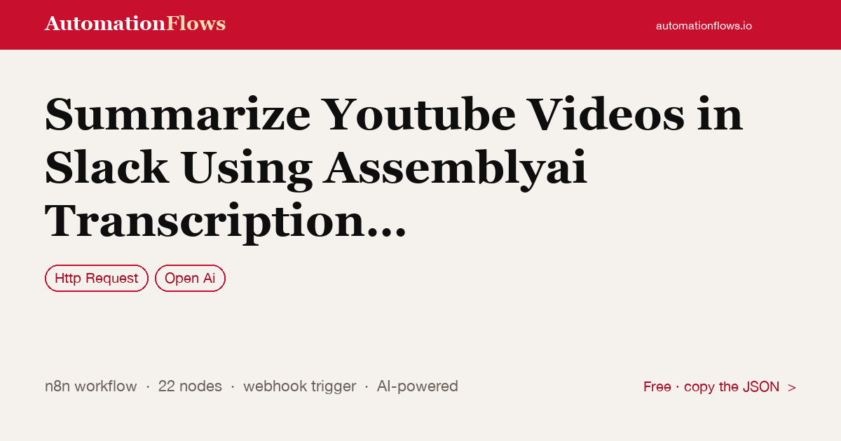 Summarize Youtube Videos in Slack Using Assemblyai Transcription and Openai — n8n workflow card showing HTTP Request, OpenAI integration