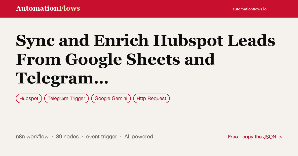 Sync and Enrich Hubspot Leads From Google Sheets and Telegram with Gemini… — n8n workflow card showing HubSpot, Telegram Trigger, Google Gemini integration