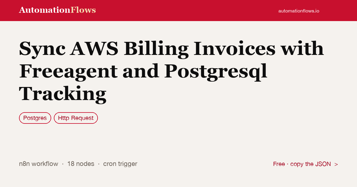Sync AWS Billing Invoices with Freeagent and Postgresql Tracking — n8n workflow card showing Postgres, HTTP Request integration