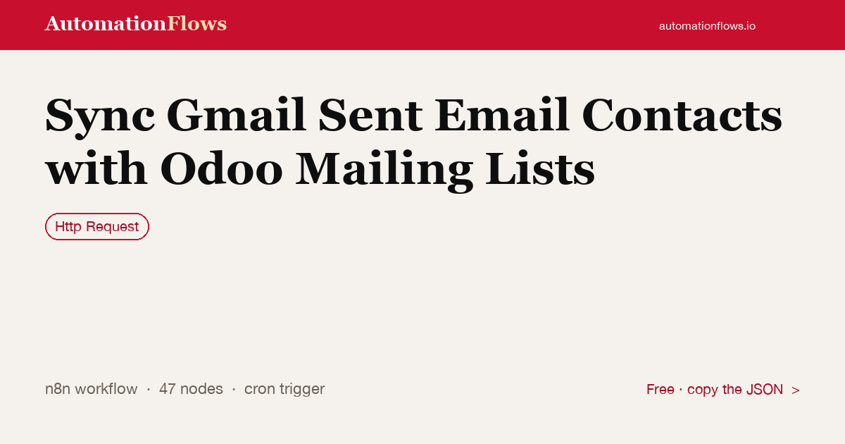 Sync Gmail Sent Email Contacts with Odoo Mailing Lists — n8n workflow card showing HTTP Request integration