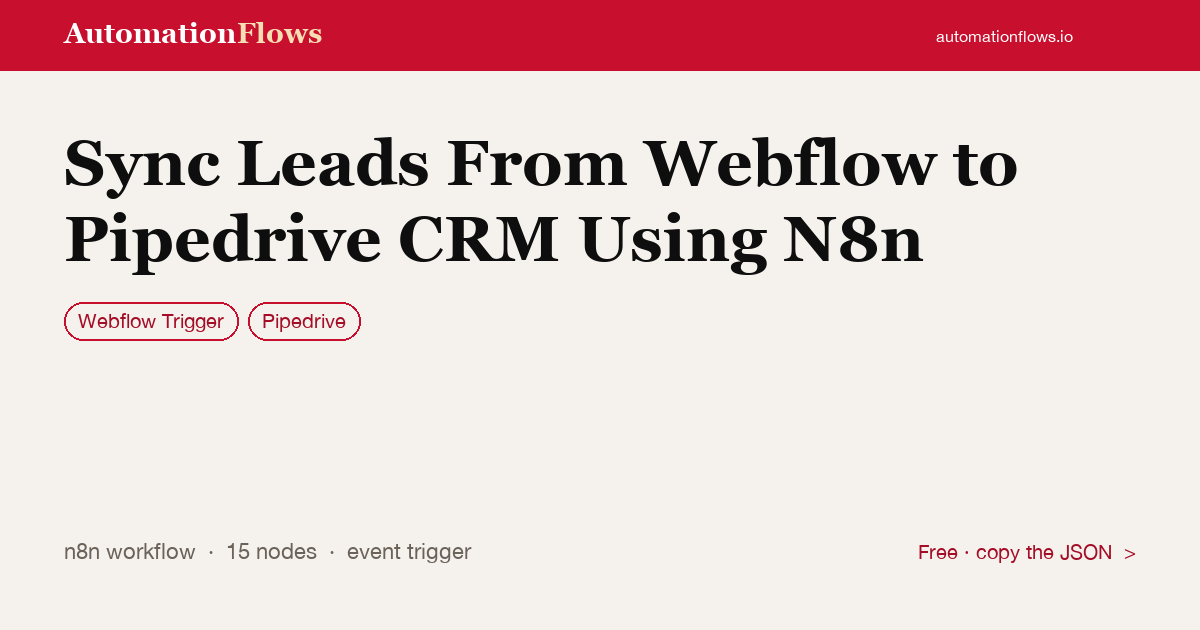Sync Leads From Webflow to Pipedrive CRM Using N8n — n8n workflow card showing Webflow Trigger, Pipedrive integration
