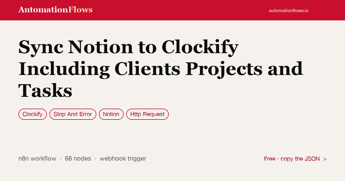 Sync Notion to Clockify Including Clients Projects and Tasks — n8n workflow card showing Clockify, Stop And Error, Notion integration