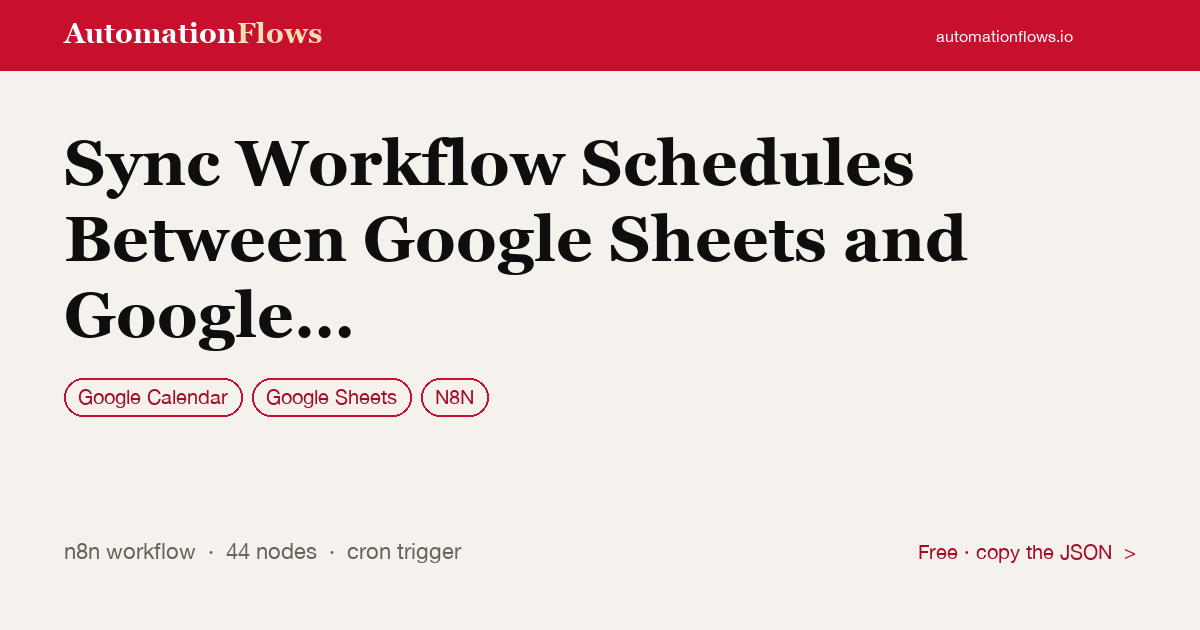 Sync Workflow Schedules Between Google Sheets and Google Calendar — n8n workflow card showing Google Calendar, Google Sheets, n8n integration