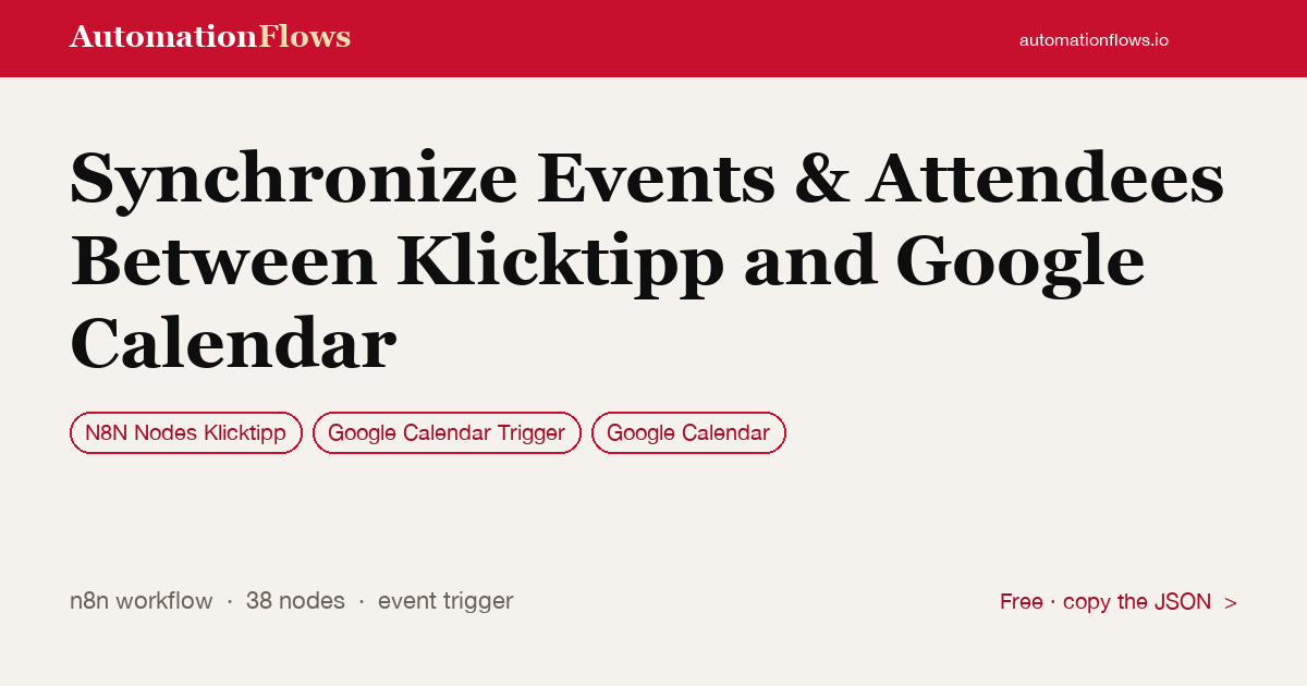 Synchronize Events & Attendees Between Klicktipp and Google Calendar — n8n workflow card showing N8N Nodes Klicktipp, Google Calendar Trigger, Google Calendar integration