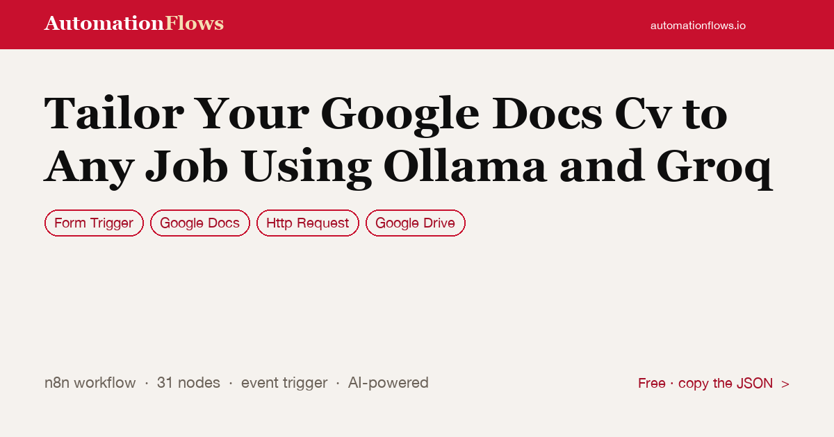 Tailor Your Google Docs Cv to Any Job Using Ollama and Groq — n8n workflow card showing Form Trigger, Google Docs, HTTP Request integration