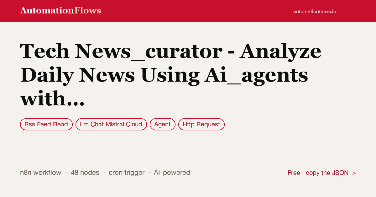 Tech News_curator - Analyze Daily News Using Ai_agents with Mistral — n8n workflow card showing RSS Feed Read, Lm Chat Mistral Cloud, Agent integration
