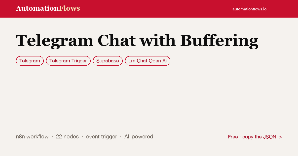 AI-Powered Telegram Chat with Buffering — n8n workflow card showing Telegram, Telegram Trigger, Supabase integration