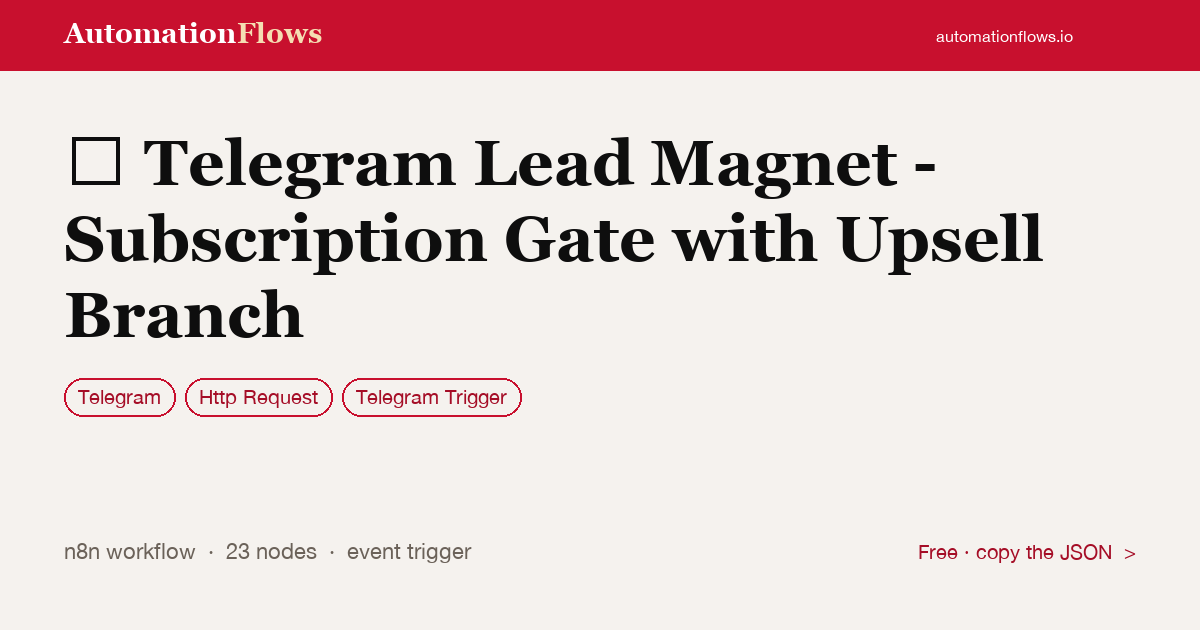 Telegram Lead Magnet - Subscription Gate with Upsell Branch — n8n workflow card showing Telegram, HTTP Request, Telegram Trigger integration