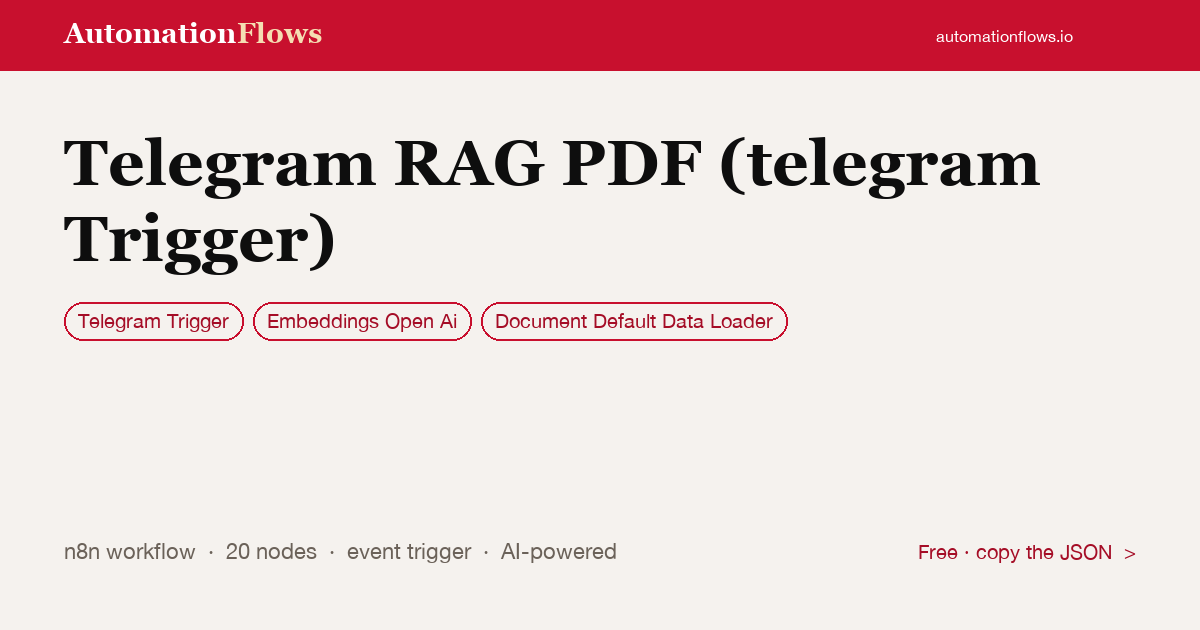 Telegram RAG PDF Chatbot — n8n workflow card showing Telegram Trigger, OpenAI Embeddings, Document Default Data Loader integration