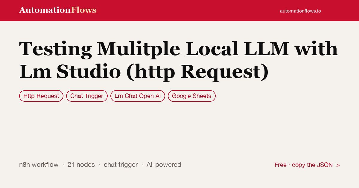 Test Multiple Local LLMs with LM Studio — n8n workflow card showing HTTP Request, Chat Trigger, OpenAI Chat integration