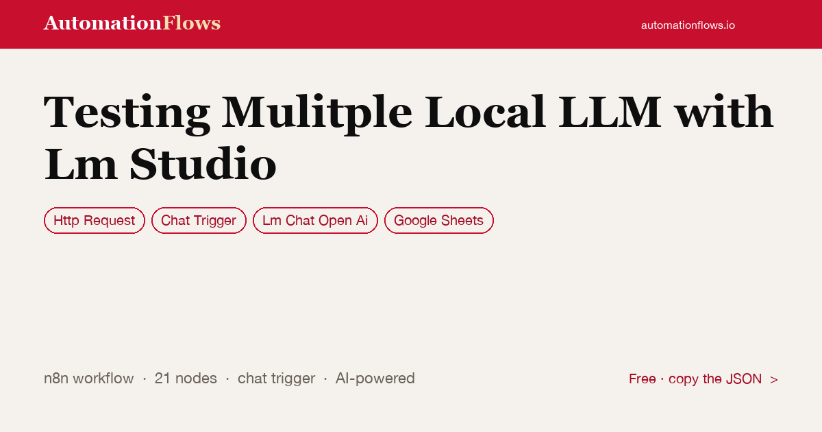 Test Multiple Local LLMs with LM Studio — n8n workflow card showing HTTP Request, Chat Trigger, OpenAI Chat integration