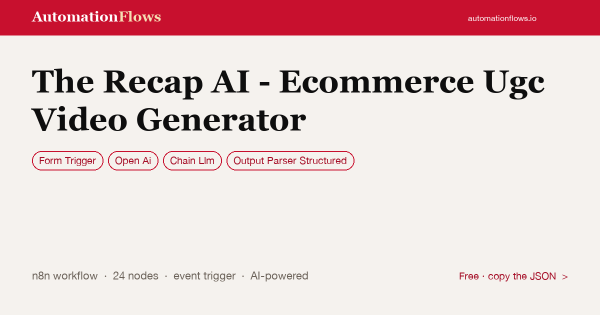 The Recap AI - Ecommerce Ugc Video Generator — n8n workflow card showing Form Trigger, OpenAI, Chain Llm integration