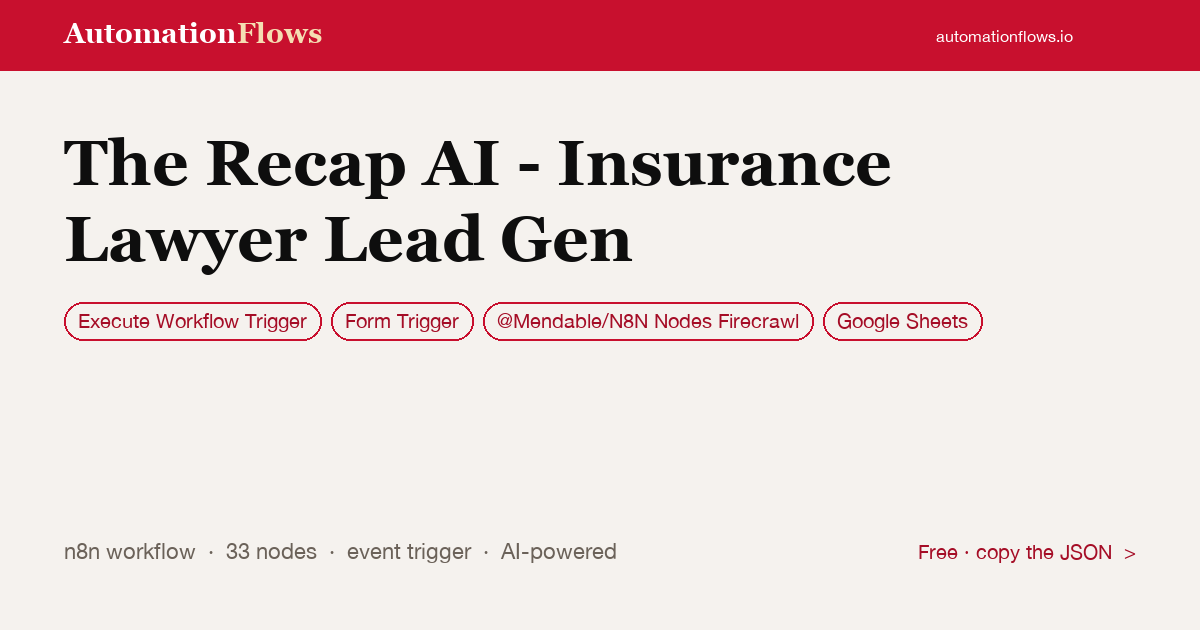 AI Lead Gen for Insurance Lawyers — n8n workflow card showing Execute Workflow Trigger, Form Trigger, @Mendable/N8N Nodes Firecrawl integration