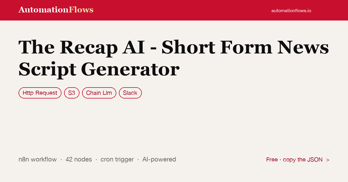 AI Short Form News Script Generator — n8n workflow card showing HTTP Request, S3, Chain Llm integration
