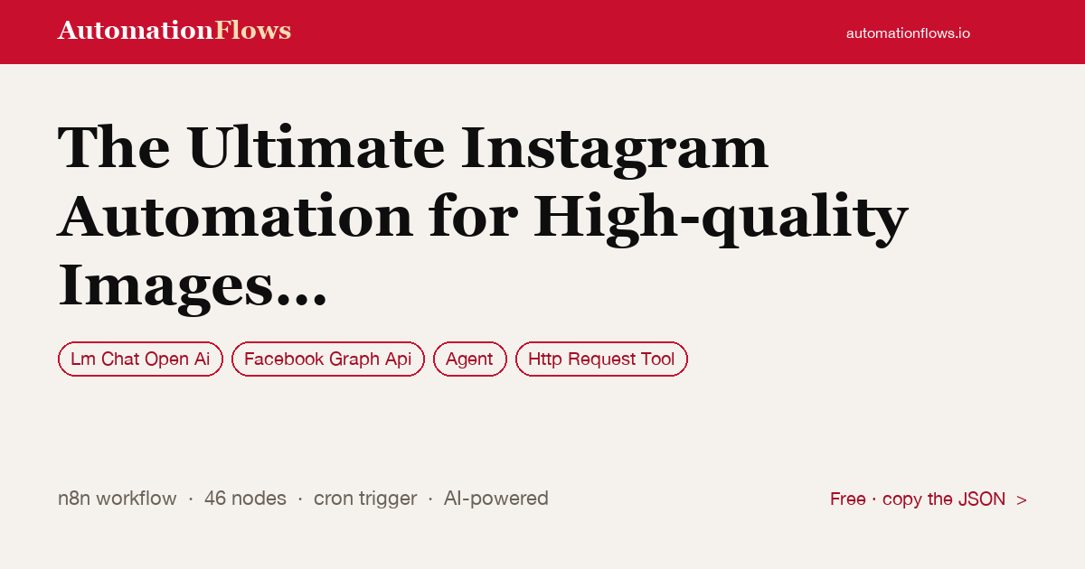 The Ultimate Instagram Automation for High-quality Images & Text with Gpt-image — n8n workflow card showing OpenAI Chat, Facebook Graph Api, Agent integration
