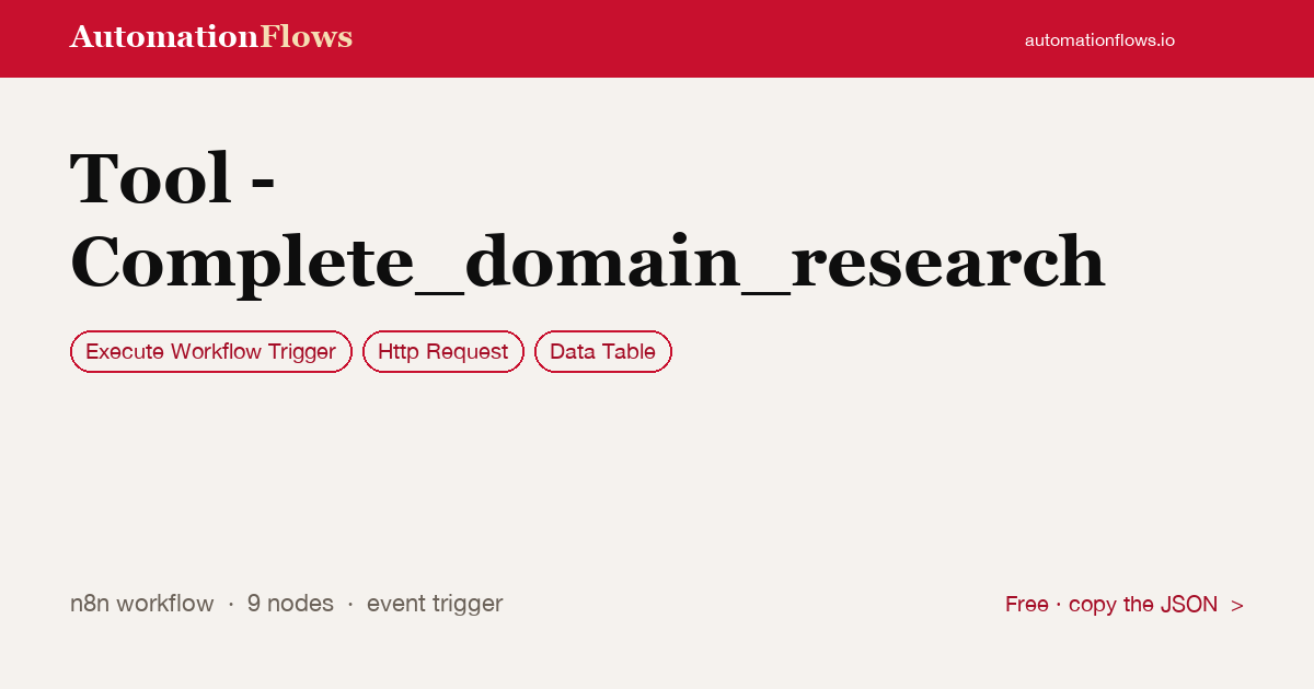 Tool - Complete_domain_research — n8n workflow card showing Execute Workflow Trigger, HTTP Request, Data Table integration