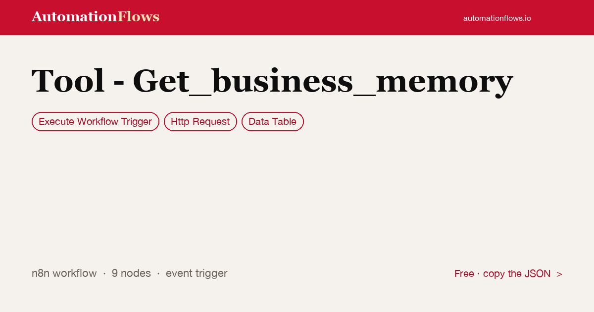 Tool - Get_business_memory — n8n workflow card showing Execute Workflow Trigger, HTTP Request, Data Table integration