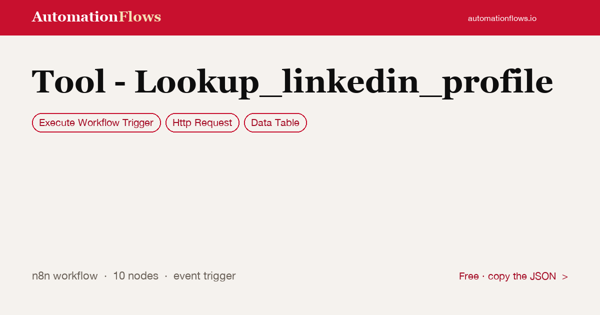 Tool - Lookup_linkedin_profile — n8n workflow card showing Execute Workflow Trigger, HTTP Request, Data Table integration