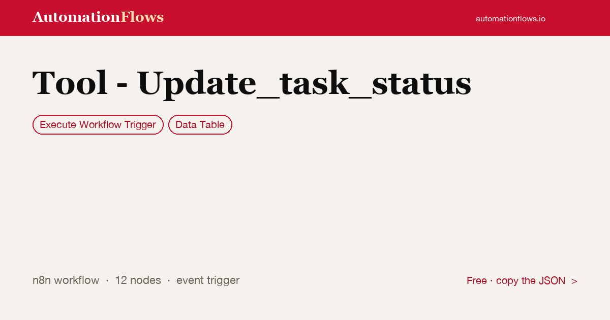 Tool - Update_task_status — n8n workflow card showing Execute Workflow Trigger, Data Table integration