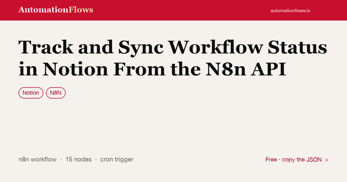 Track and Sync Workflow Status in Notion From the N8n API — n8n workflow card showing Notion, n8n integration