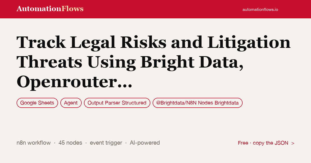 Track Legal Risks and Litigation Threats Using Bright Data, Openrouter and… — n8n workflow card showing Google Sheets, Agent, Output Parser Structured integration