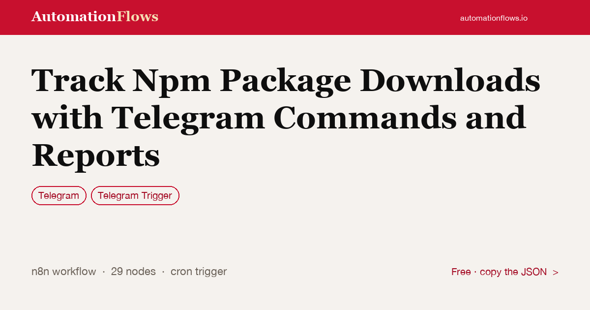 Track Npm Package Downloads with Telegram Commands and Reports — n8n workflow card showing Telegram, Telegram Trigger integration