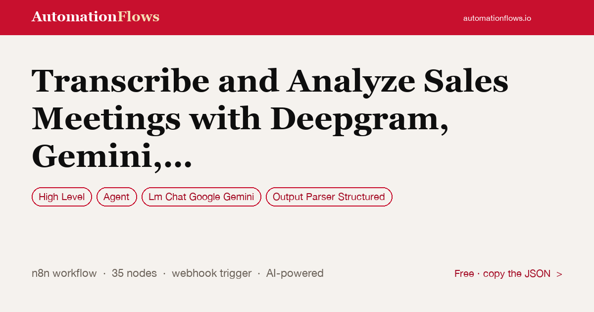 Transcribe and Analyze Sales Meetings with Deepgram, Gemini, Ghl, Slack & Gmail — n8n workflow card showing High Level, Agent, Google Gemini Chat integration