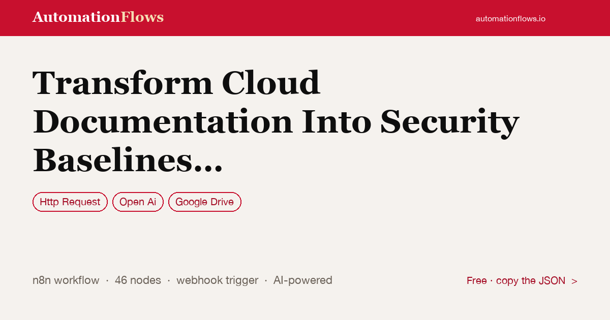 Transform Cloud Documentation Into Security Baselines with Openai and Gdrive — n8n workflow card showing HTTP Request, OpenAI, Google Drive integration