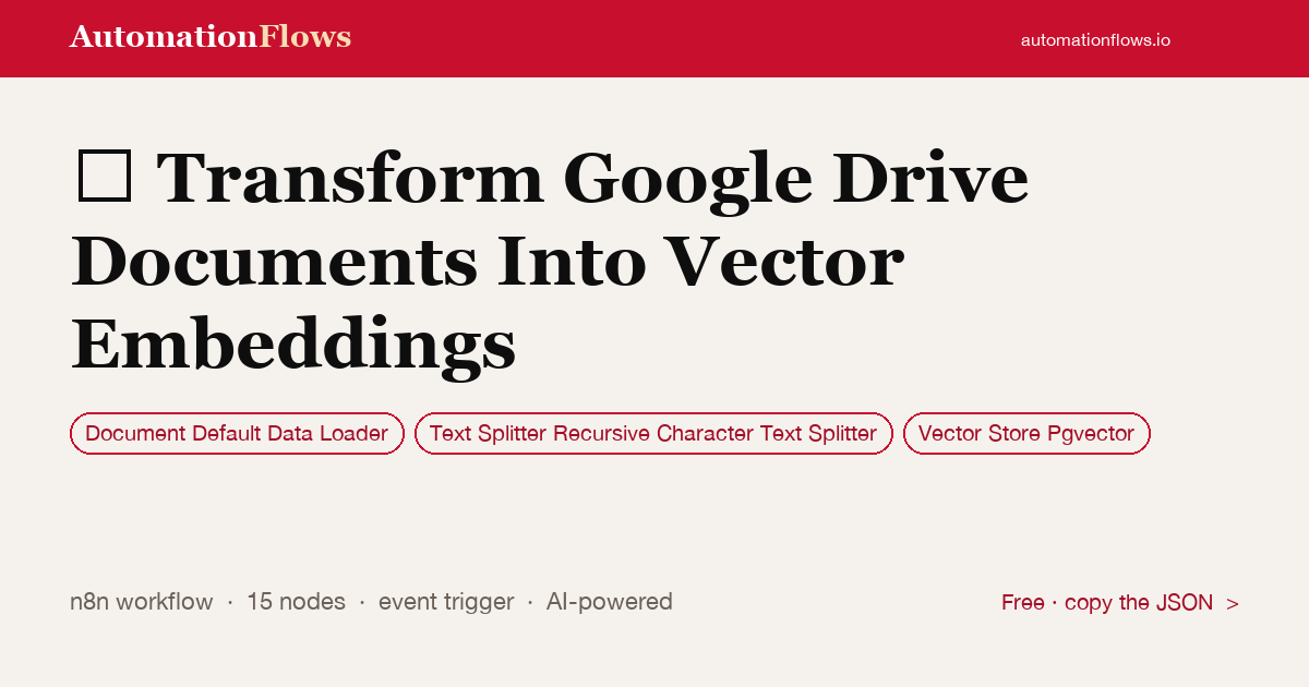 Google Drive to PGVector Embeddings — n8n workflow card showing Document Default Data Loader, Text Splitter Recursive Character Text Splitter, Vector Store Pgvector integration