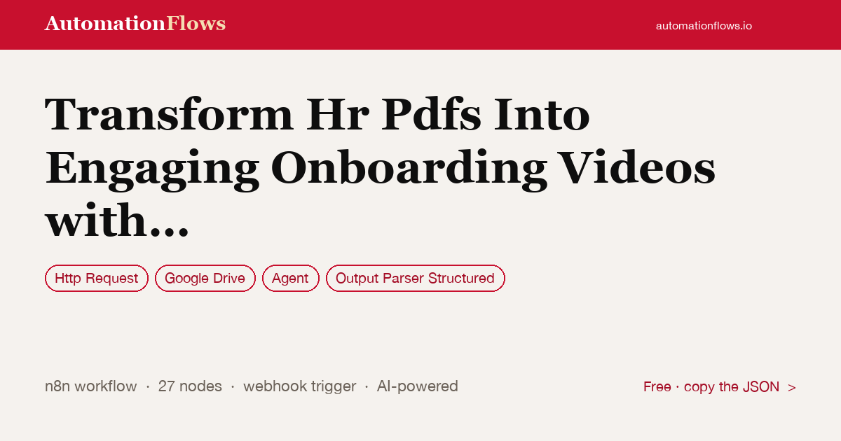 Transform Hr Pdfs Into Engaging Onboarding Videos with Ai, Heygen and Google… — n8n workflow card showing HTTP Request, Google Drive, Agent integration
