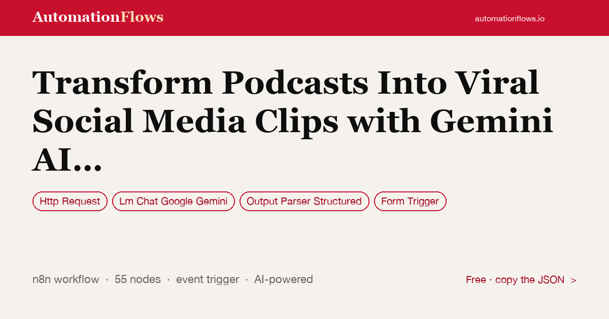 Transform Podcasts Into Viral Social Media Clips with Gemini AI and… — n8n workflow card showing HTTP Request, Google Gemini Chat, Output Parser Structured integration